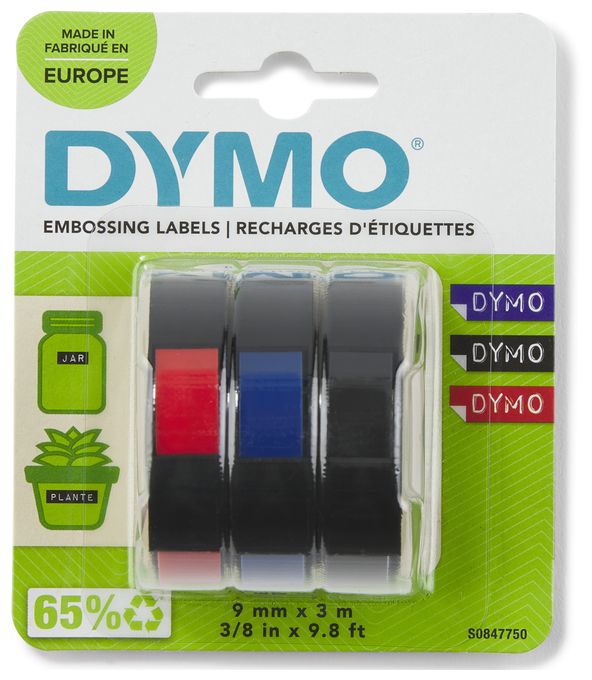 DYMO Original Prägeband | 3D schwarz | blaurot und schwarz | 9 mm x 3 m | selbstklebendes Kunststoff Etikettenband | für Junior & Omega Beschriftungsgerät | 3 Stück 