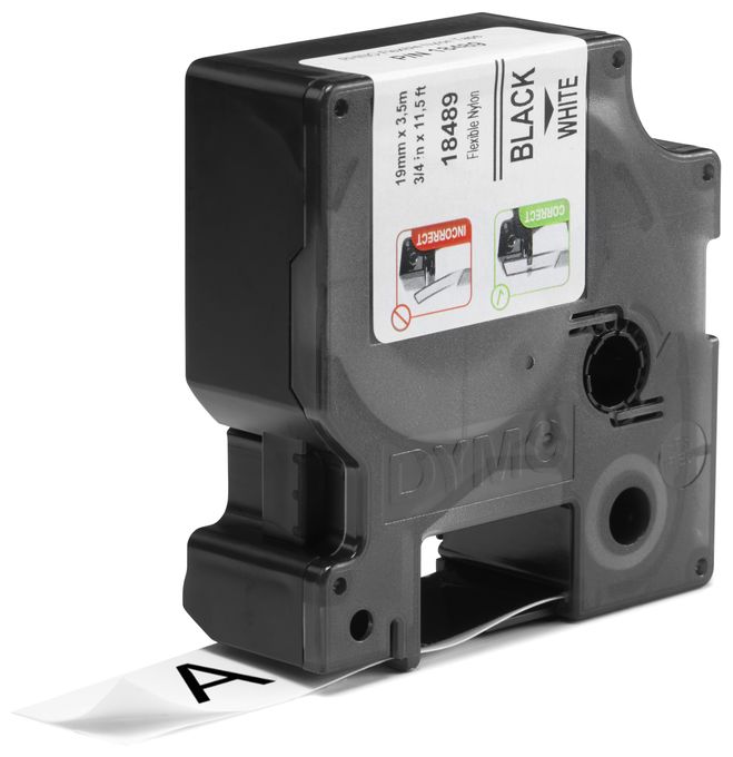 DYMO Rhino Industrie Nylonetiketten | flexibel | 19 mm x 3,5 m | schwarze Schrift auf weißem Untergrund | selbstklebendes Schriftband 