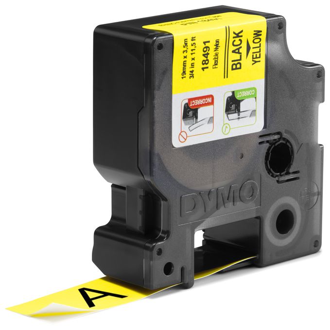 DYMO Rhino Industrie Nylonetiketten | flexibel | 19 mm x 3,5 m | schwarz auf gelb | selbstklebendes Schriftband | für DYMO Rhino und LabelManager Beschriftungsgerät 