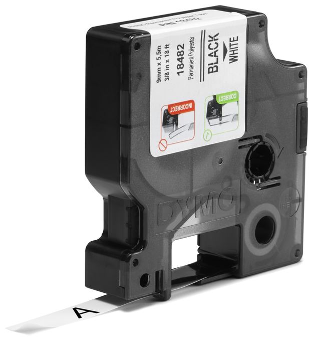 DYMO Rhino Industrie Permanente Polyesteretiketten | 9 mm x 5,5 m | Schwarz auf Weiß | selbstklebendes Schriftband | für DYMO Rhino und LabelManager Beschriftungsgerät 
