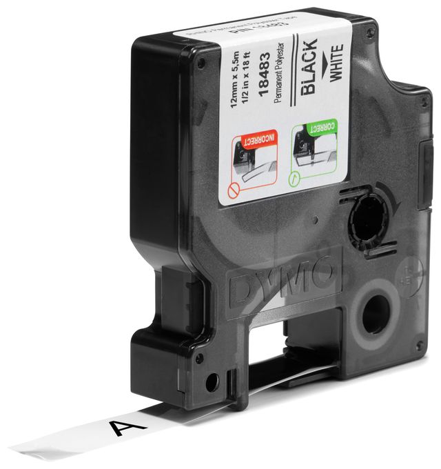 DYMO Rhino Industrie Permanente Polyesteretiketten | 12 mm x 5,5 m | Schwarz auf Weiß | selbstklebendes Schriftband | für DYMO Rhino und LabelManager Beschriftungsgerät 