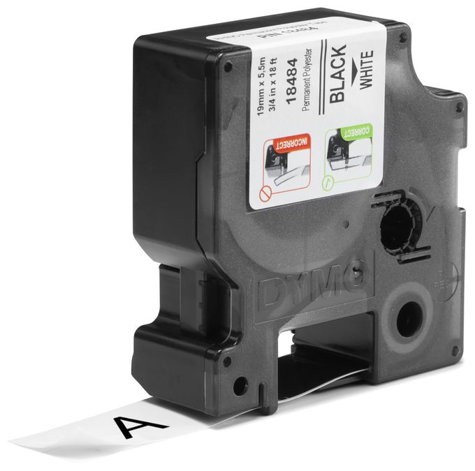 DYMO Rhino Industrie Permanente Polyesteretiketten | 19 mm x 5,5 m | Schwarz auf Weiß | selbstklebendes Schriftband | für DYMO Rhino und LabelManager Beschriftungsgerät 