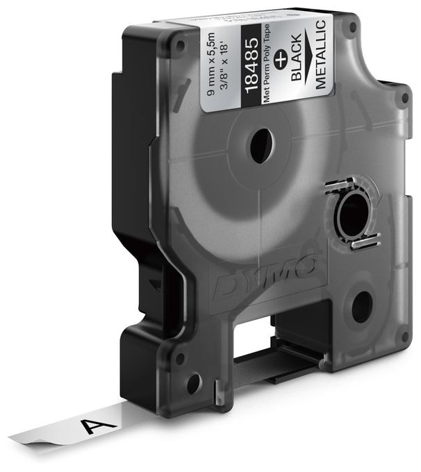 DYMO Rhino Industrie Permanente Polyesteretiketten | 9 mm x 5,5 m | Schwarz auf Metallic | selbstklebendes Schriftband | für DYMO Rhino und LabelManager Beschriftungsgerät 