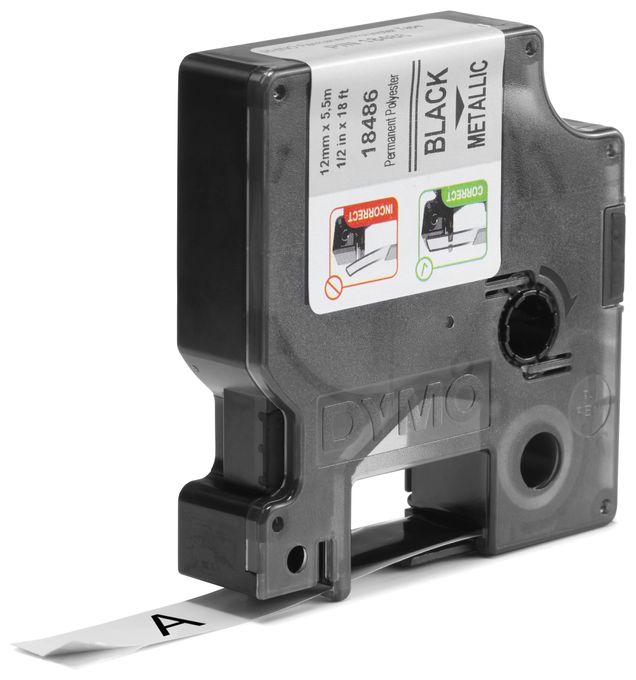 DYMO Rhino Industrie Permanente Polyesteretiketten | 12 mm x 5,5 m | Schwarz auf Metallic | selbstklebendes Schriftband | für DYMO Rhino und LabelManager Beschriftungsgerät 