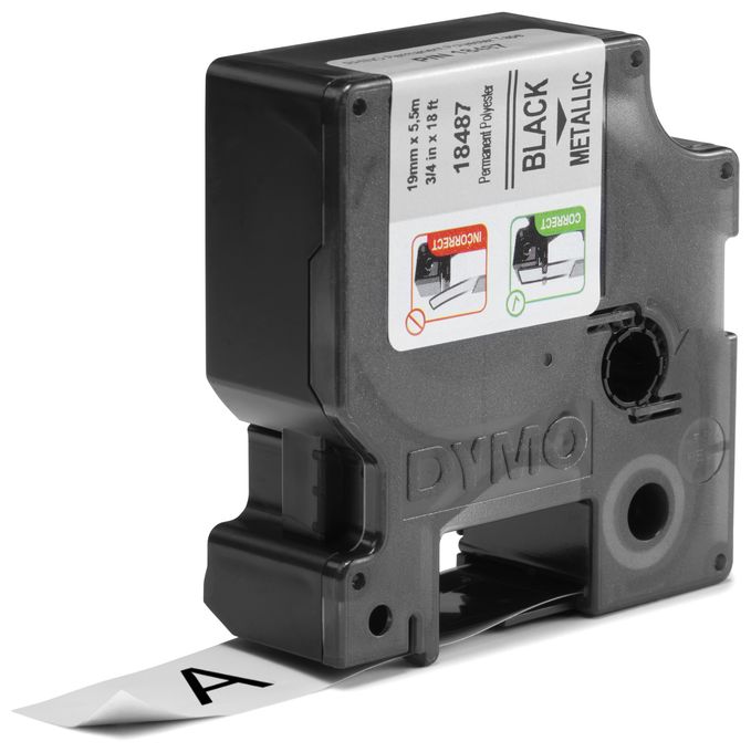 DYMO Rhino Industrie Permanente Polyesteretiketten | 6 mm x 5,5 m | Schwarz auf Metallic | selbstklebendes Schriftband | für DYMO Rhino und LabelManager Beschriftungsgerät 