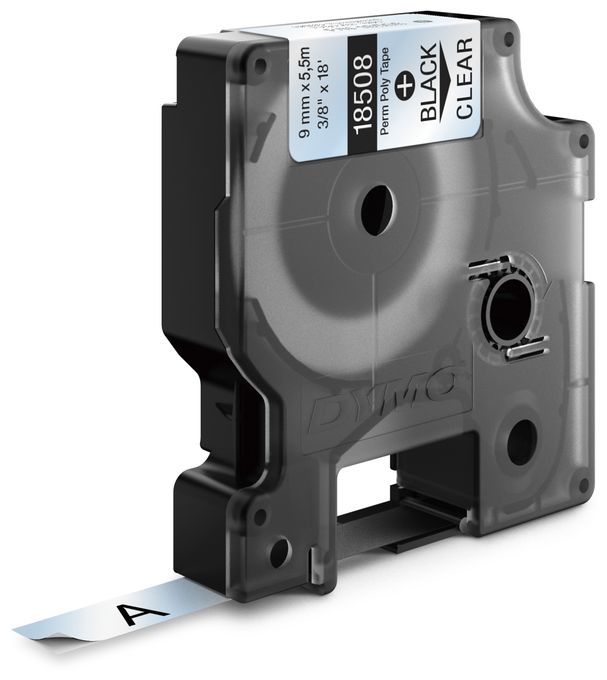 DYMO Rhino Industrie Permanente Polyesteretiketten | 9 mm x 5,5 m | Schwarz auf Transparent | selbstklebendes Schriftband | für DYMO Rhino und LabelManager Beschriftungsgerät 