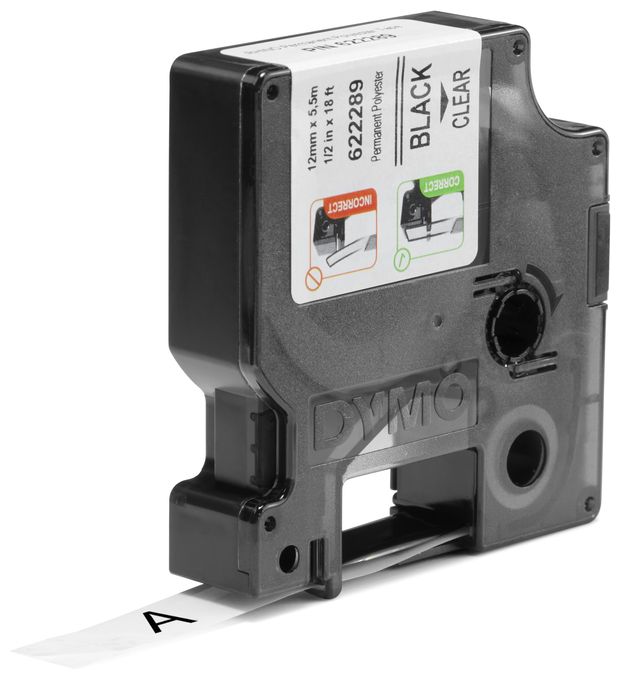 DYMO Rhino Industrie Permanente Polyesteretiketten | 12 mm x 5,5 m | Schwarz auf Transparent | selbstklebendes Schriftband | für DYMO Rhino und LabelManager Beschriftungsgerät 