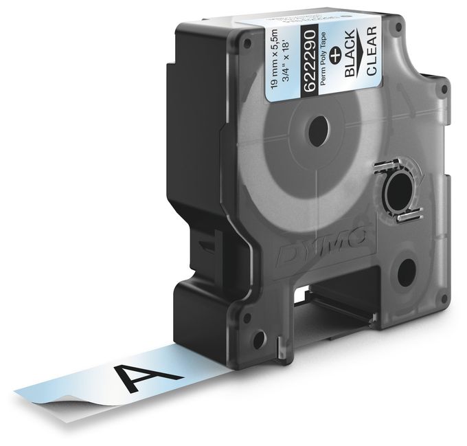DYMO Rhino Industrie Permanente Polyesteretiketten | 19 mm x 5,5 m | Schwarz auf Transparent | selbstklebendes Schriftband | für DYMO Rhino und LabelManager Beschriftungsgerät 