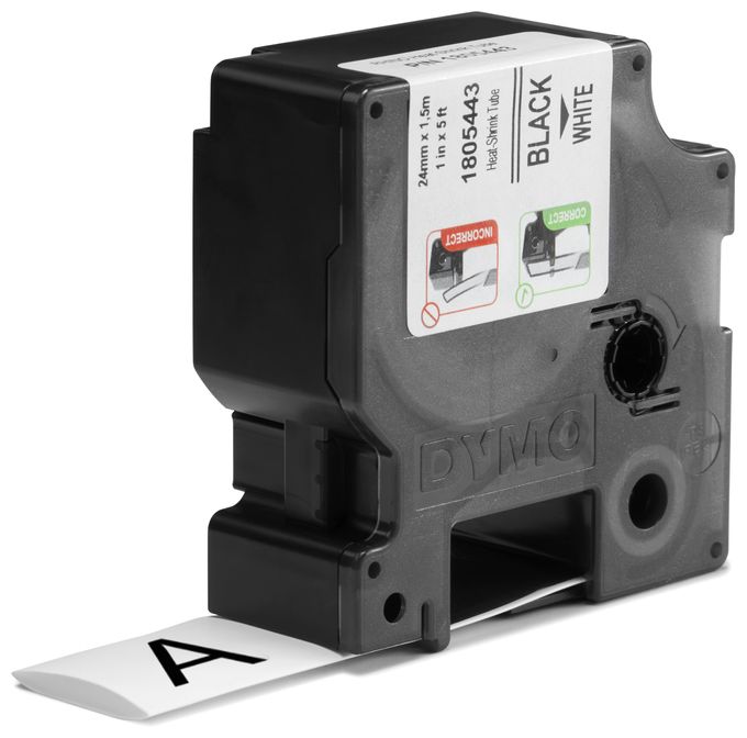 DYMO Rhino Industrie Schrumpfschlauch-Kabeletiketten | 24 mm x 1,5 m | schwarze Schrift auf weißem Untergrund | selbstklebend 