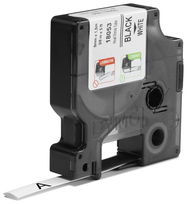 DYMO Rhino Industrie Schrumpfschlauch-Kabeletiketten | 9 mm1,5 m | Schwarz auf weiß | für DYMO Rhino Beschriftungsgerät 