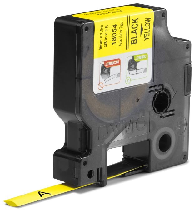DYMO Rhino Industrie Schrumpfschlauch-Kabeletiketten | 9 mm1,5 m | Schwarz auf gelb | für DYMO Rhino Beschriftungsgerät 
