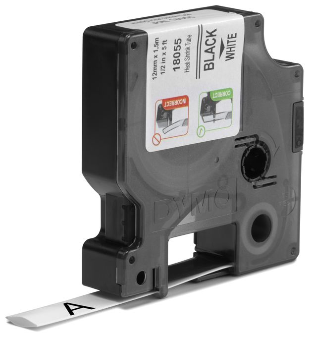 DYMO Rhino Industrie Schrumpfschlauch-Kabeletiketten | 12 mm1,5 m | Schwarz auf weiß | für DYMO Rhino Beschriftungsgerät 