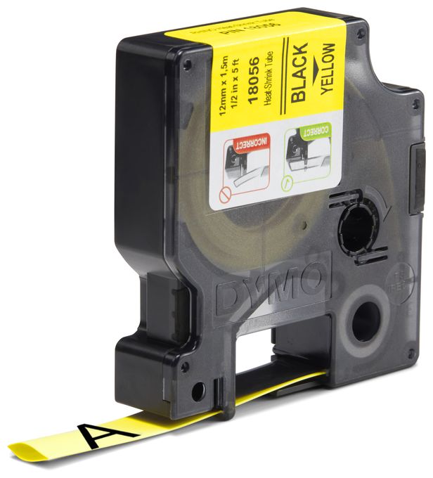 DYMO Rhino Industrie Schrumpfschlauch-Kabeletiketten | 12 mm1,5 m | Schwarz auf gelb | für DYMO Rhino Beschriftungsgerät 