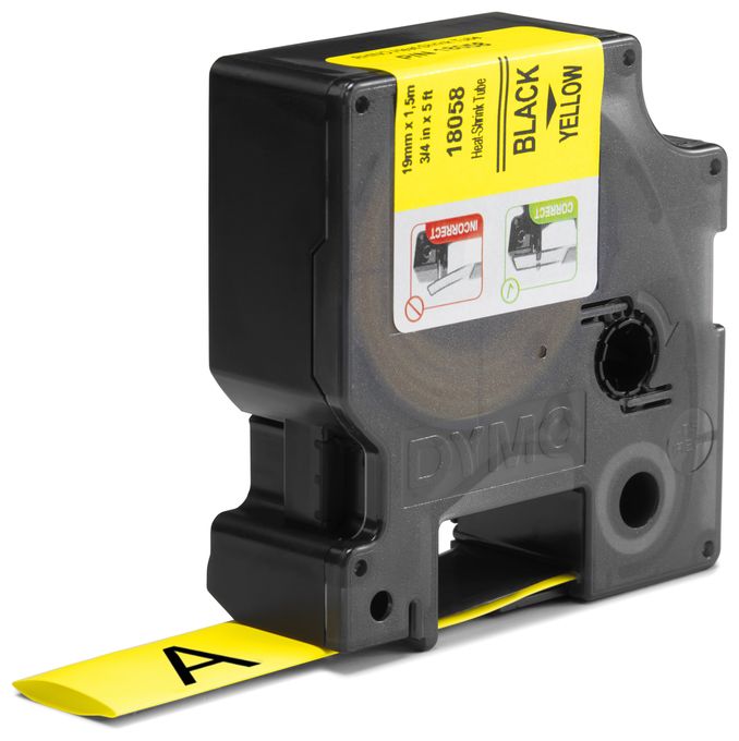 DYMO Rhino Industrie Schrumpfschlauch-Kabeletiketten | 19 mm x 1,5 m | Schwarz auf gelb | für DYMO Rhino Beschriftungsgerät 