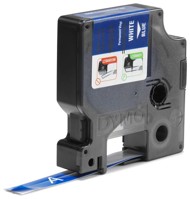 DYMO Rhino-Industrie-Vinyletiketten | 12 mm x 5,5 m | weiß auf blau | selbstklebendes Schriftband 