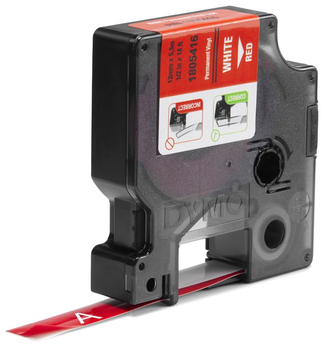 DYMO Rhino-Industrie-Vinyletiketten | 12 mm x 5,5 m | weiß auf rot | selbstklebendes Schriftband | für DYMO Rhino und LabelManager Beschriftungsgerät 