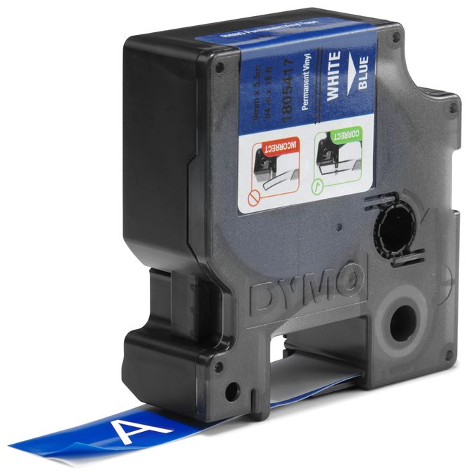 DYMO Rhino-Industrie-Vinyletiketten | 19 mm x 5,5 m | weiß auf blau | selbstklebendes Schriftband | für DYMO Rhino und LabelManager Beschriftungsgerät 