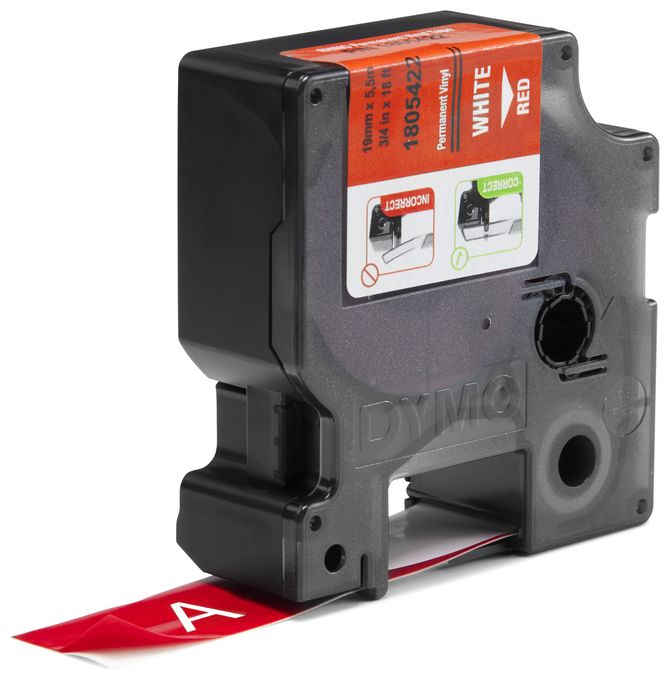DYMO Rhino-Industrie-Vinyletiketten | 19 mm x 5,5 m | weiß auf rot | selbstklebendes Schriftband | für DYMO Rhino und LabelManager Beschriftungsgerät 