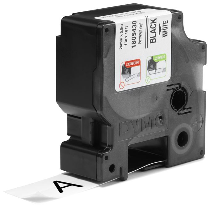 DYMO Rhino-Industrie-Vinyletiketten | 24 mm x 5,5 m | schwarzer Druck auf weißem Untergrund | selbstklebendes Schriftband 