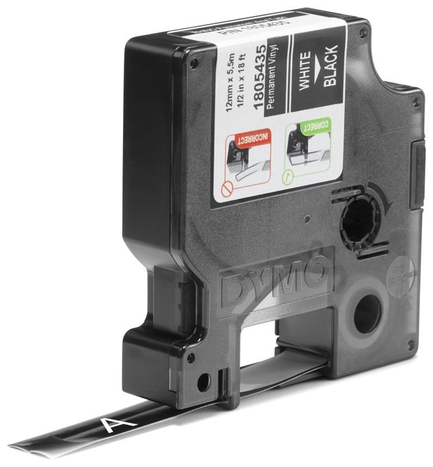 DYMO Rhino-Industrie-Vinyletiketten | 12 mm x 5,5 m | weiß auf schwarz | selbstklebendes Schriftband | für DYMO Rhino und LabelManager Beschriftungsgerät 