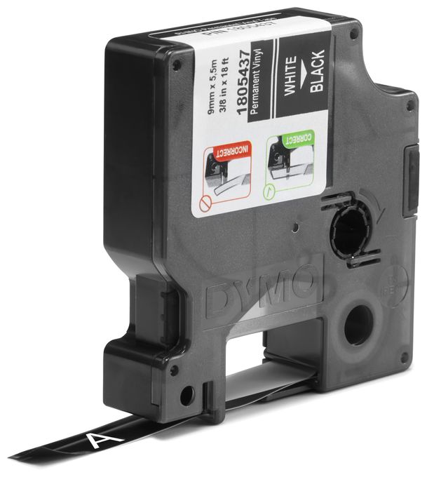 DYMO Rhino-Industrie-Vinyletiketten | 9 mm x 5,5 m | Weiß auf Schwarz | selbstklebendes Schriftband 
