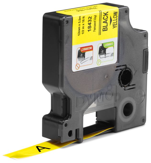 DYMO Rhino-Industrie-Vinyletiketten | 12 mm x 5,5 m | schwarz auf gelb | selbstklebend | für DYMO Rhino und LabelManager Beschriftungsgerät 