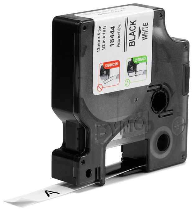 DYMO Rhino-Industrie-Vinyletiketten | 12 mm x 5,5 m | schwarz auf weiß | selbstklebendes Schriftband | für DYMO Rhino und LabelManager Beschriftungsgerät 