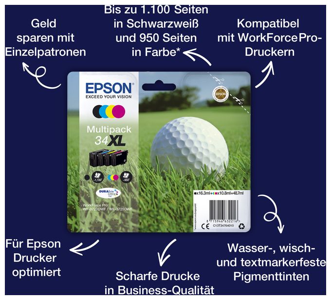 originale Druckerpatronen Schwarz, Cyan, Magenta, Gelb 16,3 ml 10,8 ml 34XL C13T34764010 