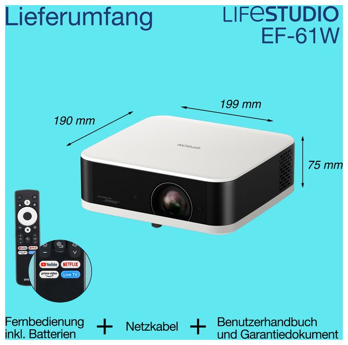 1080p (1920x1080) 3LCD LED Standard Throw-Projektor 700 ANSI Lumen  EF-61 Lifestudio Pop (Weiß) 