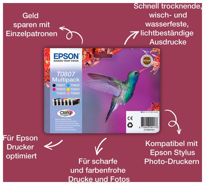 originale Druckerpatronen Schwarz, Cyan, Helle Cyan, Helle Magenta, Magenta, Gelb T0807 C13T08074011 