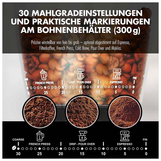 Kaffeemühle für 300 g 150 W (Schwarz, Transparent) 42644 Pro Touch 30 
