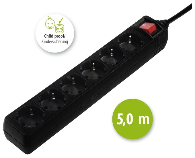 6-fach 5 m  137266 Steckdosenleiste mit Schalter (Schwarz) 
