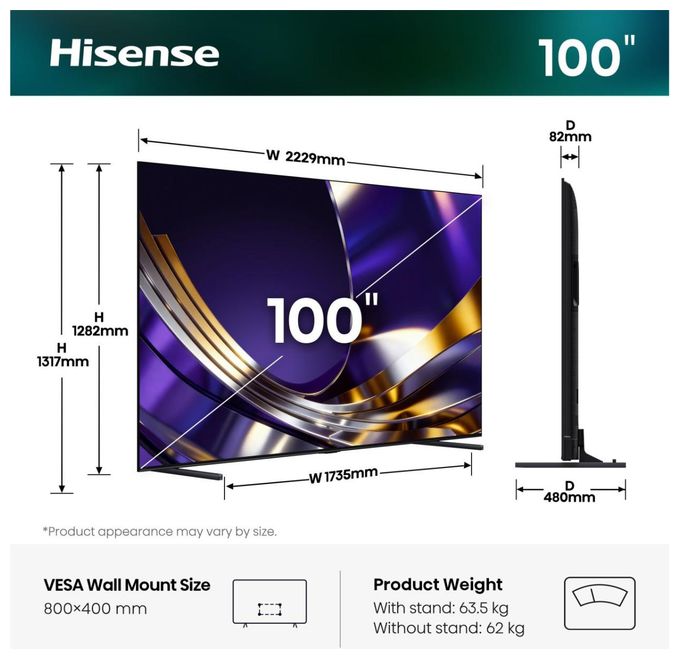 LED 2,54 m (100 Zoll) Fernseher 4K Ultra HD VESA 800 x 400 mm  100U7DS (Grau) 