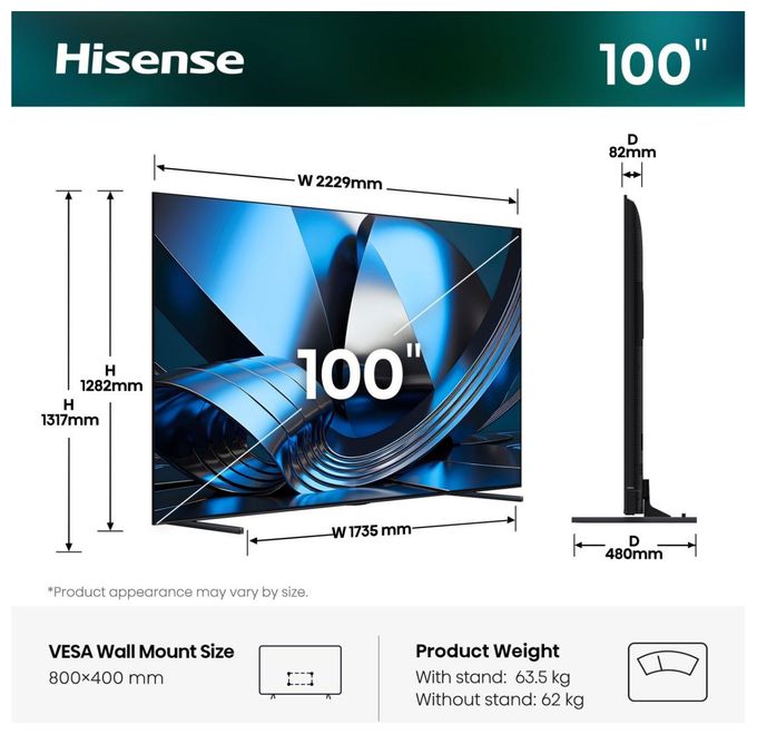 LED 2,54 m (100 Zoll) Fernseher 4K Ultra HD VESA 800 x 400 mm 100U7DSE 