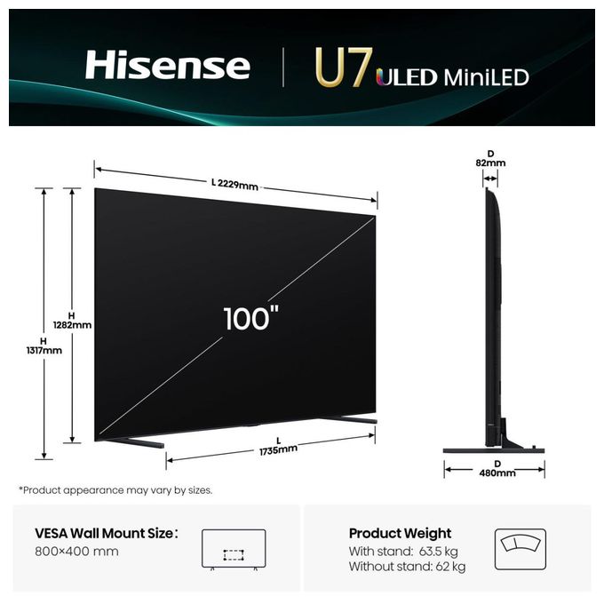 LED 2,54 m (100 Zoll) Fernseher 4K Ultra HD VESA 800 x 400 mm 100U7Q 