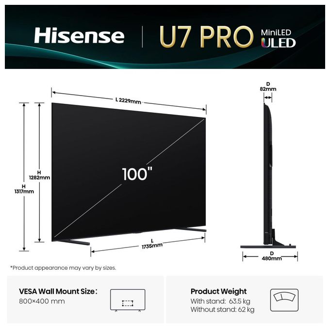 LED 2,54 m (100 Zoll) Fernseher 4K Ultra HD VESA 800 x 400 mm 100U7Q Pro 