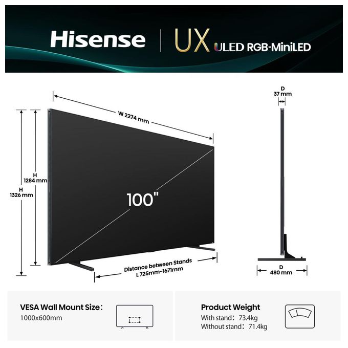 LCD/TFT 2,54 m (100 Zoll) Fernseher 4K Ultra HD VESA 1000 x 600 mm  100UXQ (Schwarz, Grau) 