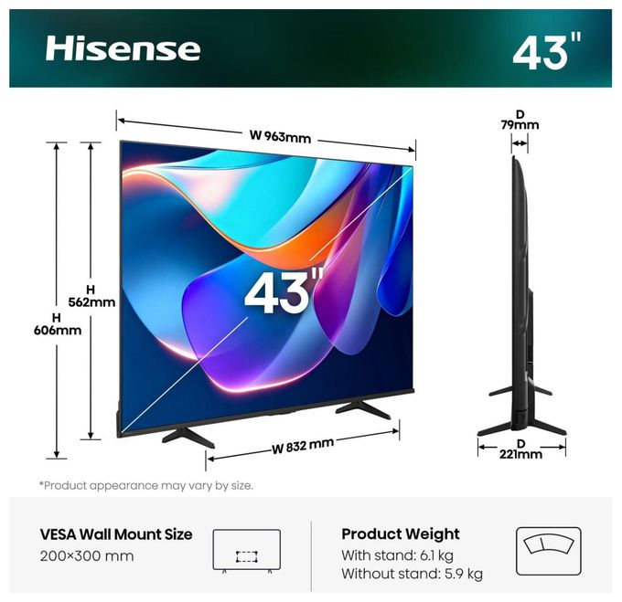 LED 109,2 cm (43 Zoll) Fernseher 4K Ultra HD VESA 200 x 300 mm 43A6S 