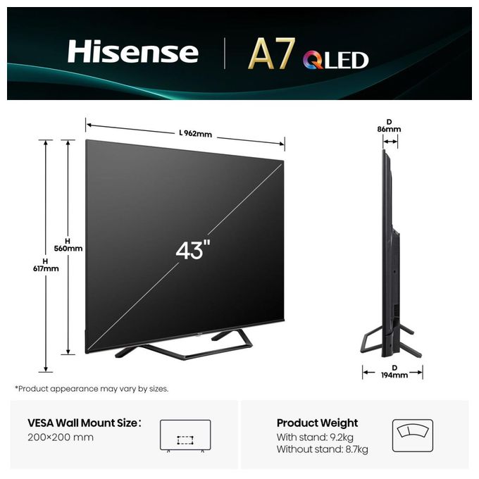 QLED 109,2 cm (43 Zoll) Fernseher 4K Ultra HD VESA 200 x 200 mm 43A7Q 