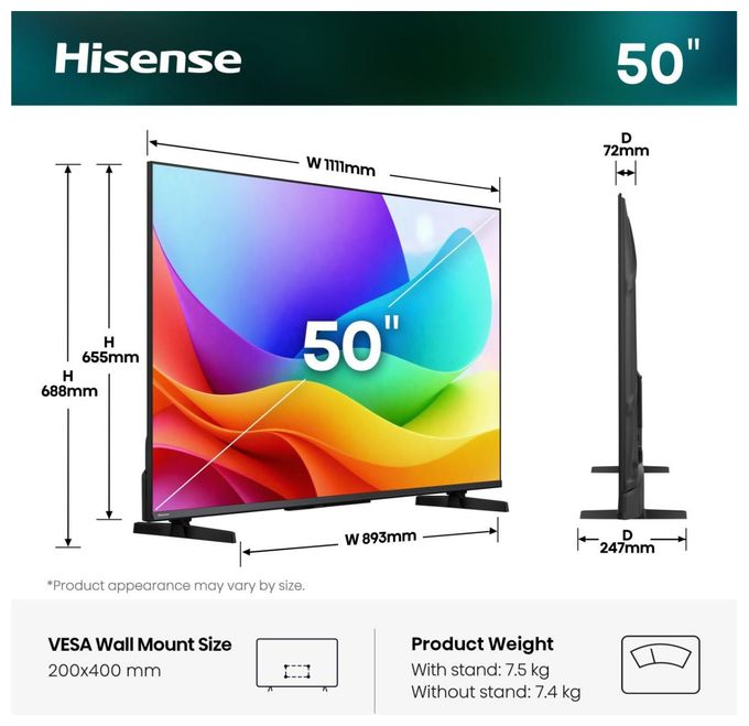 LED 127 cm (50 Zoll) Fernseher Full HD VESA 200 x 400 mm 50A5DS 