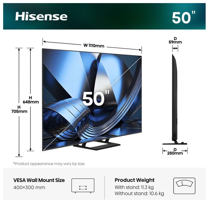 LED 127 cm (50 Zoll) Fernseher 4K Ultra HD VESA 400 x 300 mm 50U7SE 