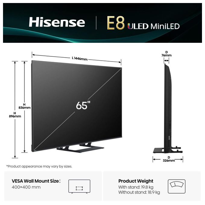 LED 165,1 cm (65 Zoll) Fernseher 4K Ultra HD VESA 400 x 400 mm  65E8Q (Schwarz, Grau) 