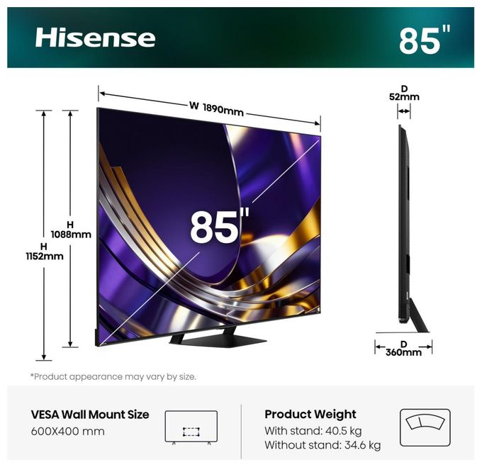 LED 2,16 m (85 Zoll) Fernseher 4K Ultra HD VESA 600 x 400 mm 85U7DS PRO 