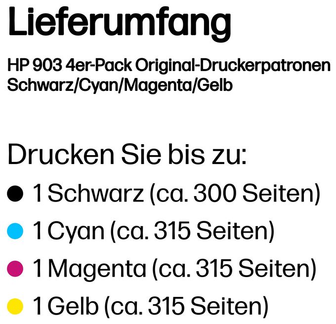 originale Druckerpatronen Schwarz, Cyan, Magenta, Gelb 12,4 ml 4,5 ml 300 Seiten Nr.903 4er-Pack 