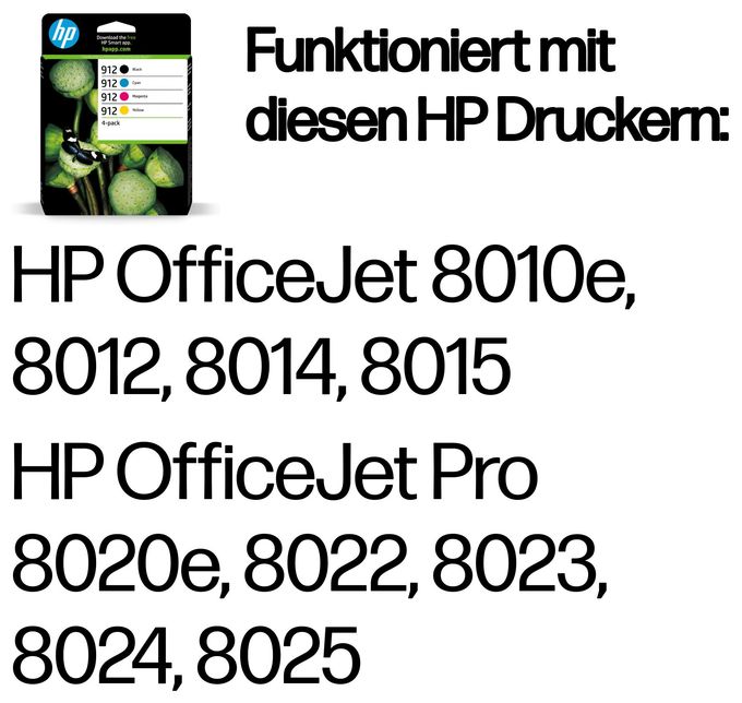 originale Druckerpatronen Schwarz, Cyan, Magenta, Gelb 6,5 ml 4 ml 250 Seiten Nr.912 4er-Pack 