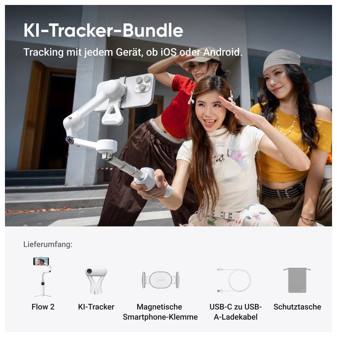 Stativ Gimbal für Smartphone faltbar Bluetooth  Flow 2 AI Tracker Bundle (Weiß) 