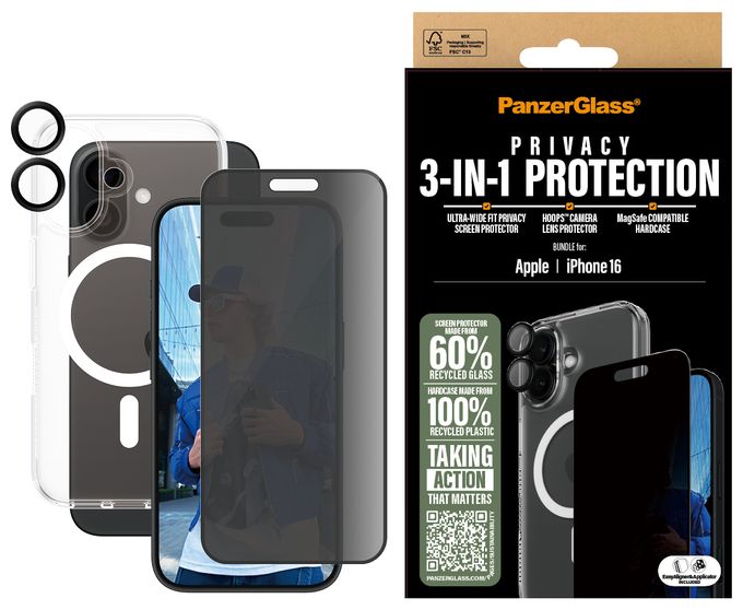 Klare Bildschirmschutzfolie Thermoplastische Polyurethane (TPU), Gehärtetes Glas, Polyethylenterephthalat, Silikon für  Apple Apple - iPhone 16 Kratzresistent, Schockresistent 3-in-1 Privacy Schutz Set 
