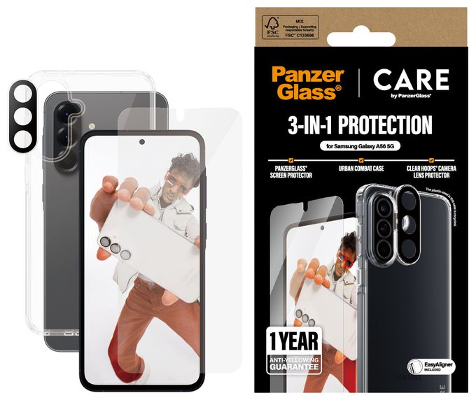 Klare Bildschirmschutzfolie Gehärtetes Glas, Polyethylenterephthalat, Silikon, Thermoplastische Polyurethane (TPU) für  Samsung Samsung - Galaxy A56 5G Kratzresistent, Schockresistent 38380 Flagship 3-in-1 Set 