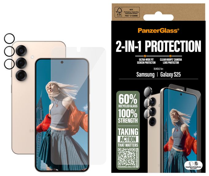 Klare Bildschirmschutzfolie Gehärtetes Glas, Silikon, Polyethylenterephthalat für  Samsung Samsung - Galaxy S25 Kratzresistent, Schockresistent 38388 2-in-1 Bundle - Schutzkit Display/Objektiv 