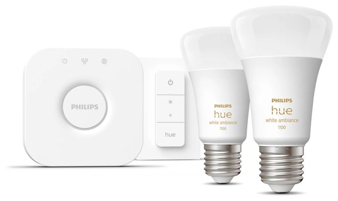LED Set für intelligente Beleuchtung 1100 mm Warmweiß, Kaltweiße Hue White Ambience Starterset: E27 Lampe A60 Doppelpack + Dimmschalter 
